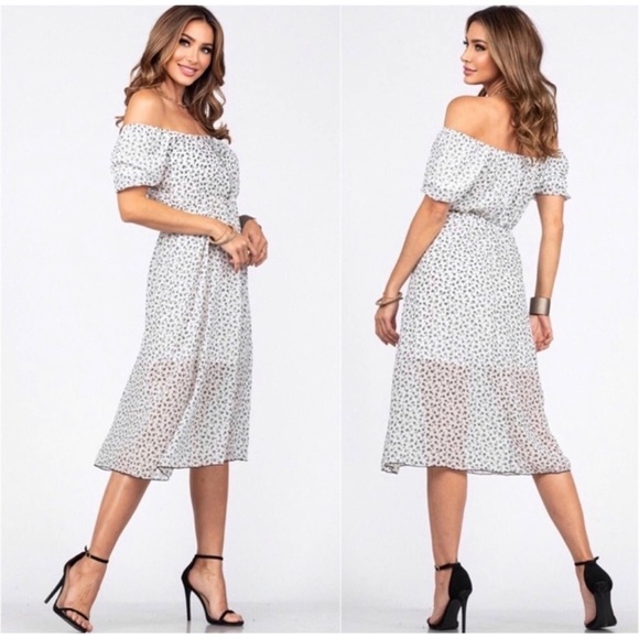 đź–¤New White Black Floral Print Off Shoulder Spring Summer Cute Midi Dressđź–¤ - Picture 3 of 5